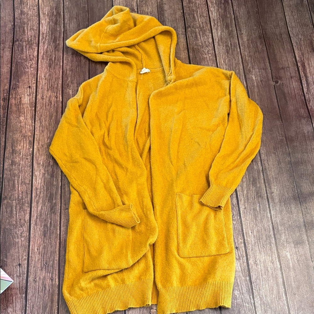Hem & Thread Mustard Long Hooded Open Front Cardigan Sz S